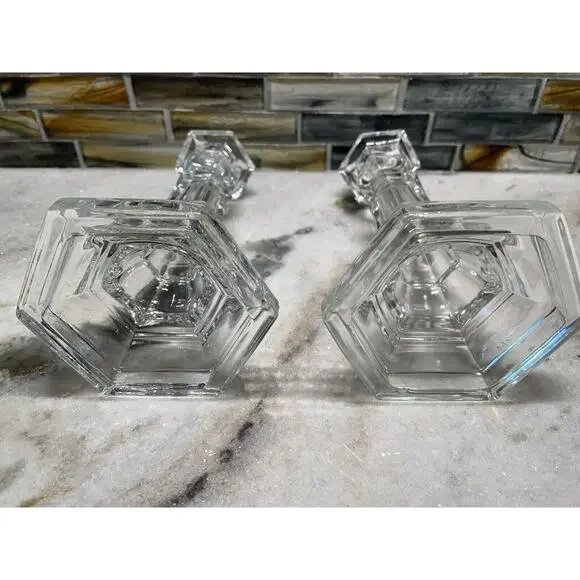 Vintage MMA Metropolitan Museum Of Art Clear Sandwich Glass Candlesticks